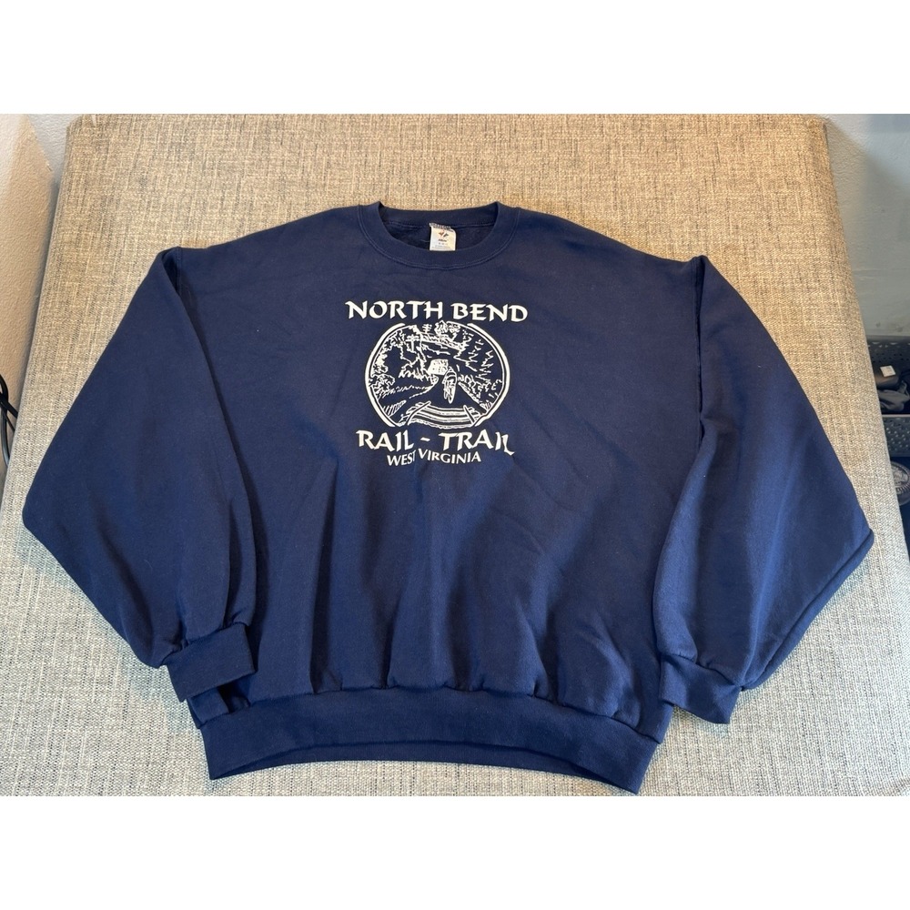 Vintage Y2K North Bend Railway Sweater Mens XL Jerzees Knit Crew Neck Blue